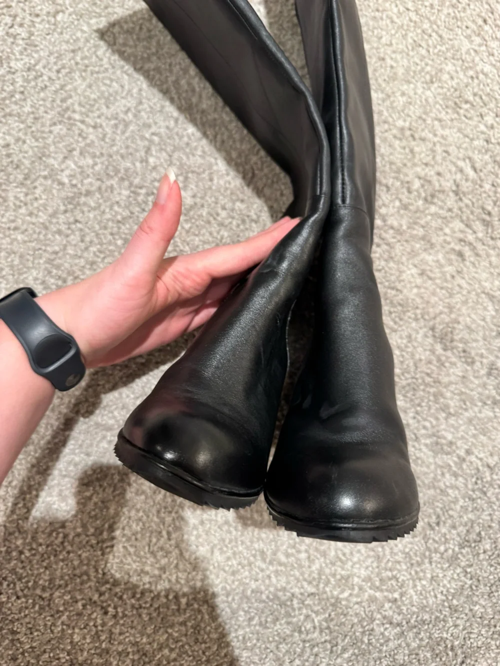 Black Leather Knee High Wedge Boots for Women
